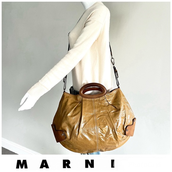 MARNI Balloon Dark Mustard Patented Leather w Brown Leather Top Handle Satchel - Picture 1 of 16